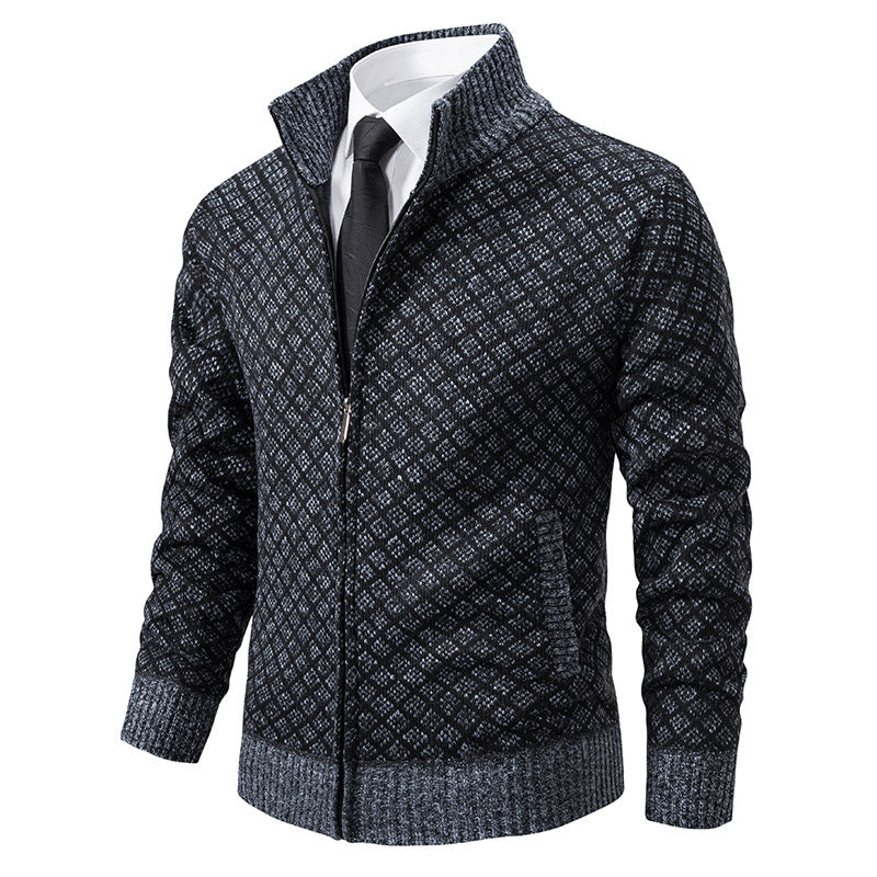 Thickened Plaid Print Jacket Cardigan Fashion Slim Fit Zipper Stand Collar Sweater Winter Men's Casual Long Sleeve Knitted Top Clothing
